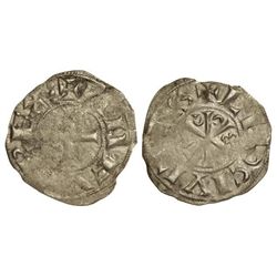 Dinero. - ALFONSO VI. - LEÓN. - Anv.: Cruz patada. ANFVS REX. Rev.: Crismon con alfa y omega pendien