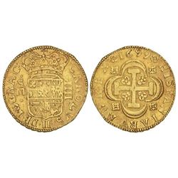 4 Escudos. - 1699. - SEVILLA. - M. - Anv.: ·CAROLVS·II·DEI*GRAC. (Acuñación parcialmente floja). RAR