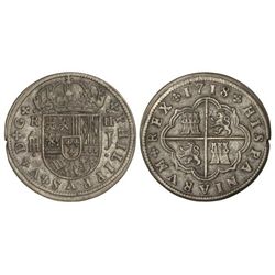 2 Reales. - 1718. - SEGOVIA. - J. - Acueducto de 2 pisos. Pátina.  (Grieta en canto). Cal-1392. MBC+