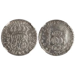 8 Reales. - 1742. - MÉXICO. - M.F. - Columnario. En estuche de metacrilato sellado de NGC, calidad U