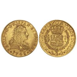 8 Escudos. - 1743. - MÉXICO. - M.F. - (Rayita en anverso). MUY ESCASA. Cal-139; XC-441. EBC-. - -
