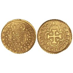 8 Escudos. - 1713. - SEVILLA. - M. - (Acuñación floja en parte). RARA. Cal-173; XC-498. EBC-. - -