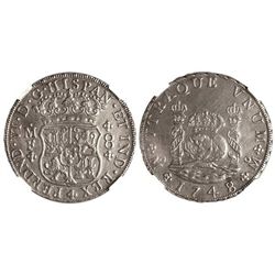 8 Reales. - 1748/7. - MÉXICO. - M.F. - Columnario. En estuche de metacrilato sellado de NGC, calidad