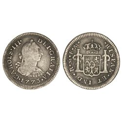 1/2 Real. - 1773. - MÉXICO. - F.M. - Anv.: CAROLS. Ceca y ensayadores boca arriba. Cal-No cat. MBC-.