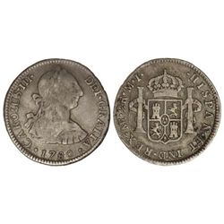 2 Reales. - 1780. - LIMA. - M.I. - Rotura de cuño en reverso. Pátina. MUY RARA. Cal-1276. MBC-. - -