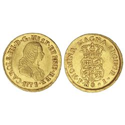 2 Escudos. - 1771/0. - POPAYÁN. - J. - Busto de Fernando VI. Restos de brillo original. RARA. Cal-50