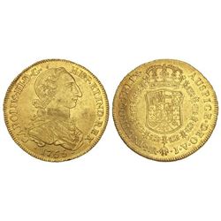 8 Escudos. - 1765. - NUEVO REINO. - J.V. - Restos de brillo original. Con punto entre ensayadores. R
