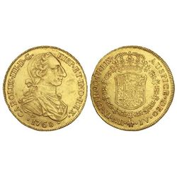 8 Escudos. - 1768. - NUEVO REINO. - J.V. - (Rayitas en anverso). RARA. Cal-168; XC-858 var. EBC. - -