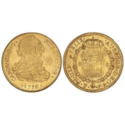 8 Escudos. - 1786-S. - POTOSÍ. - P.R. - Restos de brillo original. Punto entre ensayadores. (Raya y