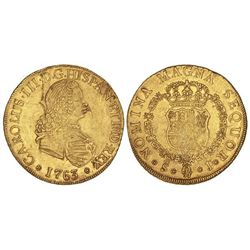 8 Escudos. - 1763. - SANTIAGO. - J. - Busto de Fernando VI. (Hojas en anverso. Golpecito en canto).