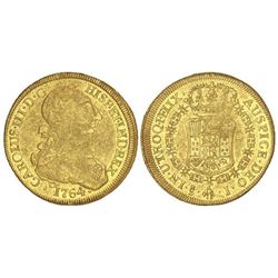 8 Escudos. - 1764. - SANTIAGO. - J. - Restos de brillo original. Acuñación floja. MUY RARA. Cal-207;