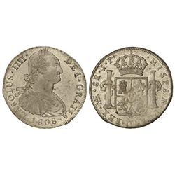 8 Reales. - 1808. - LIMA. - J.P. - Acuñación floja en parte de reverso. Restos de brillo original. (