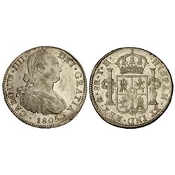 8 Reales. - - 1805. - - MÉXICO. - - T.H. - - Brillo original. (Golpecito en canto). CCT-662. EBC+. -