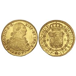 8 Escudos. - 1807. - POPAYÁN. - J.F. - Pleno brillo original. EXTRAORDINARIA PIEZA. Cal-79; XC-1074.