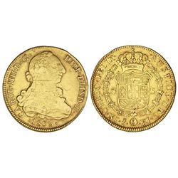 8 Escudos. - 1805. - SANTIAGO. - F.J. - Busto de Carlos III. (Rayas). Cal-167; XC-1178. BC+. - -