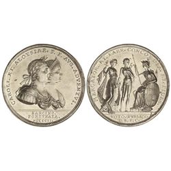 Medalla Visita de Carlos IV y Mª Luisa. - 1802. - BARCELONA. - Anv.: Bustos acodados del rey lauread