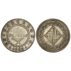 5 Pesetas. - 1809. - BARCELONA. - Acuñación floja, normal en estas piezas. Cal-14. MBC-. - -