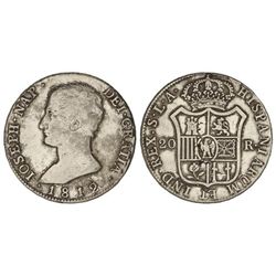 20 Reales. - 1812. - SEVILLA. - L.A. - (Hojitas en reverso). MUY ESCASA. Cal-35. MBC-. - -