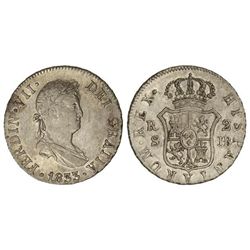 2 Reales. - 1833. - SEVILLA. - J.B. - Pátina. Gran parte de brillo original. Defecto de acuñación en