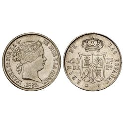 20 Centavos de Peso. - 1868. - MANILA. - (Pequeños golpecitos en gráfila). Cal-460. MBC+. - -