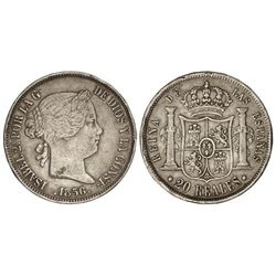 20 Reales. - 1856. - SEVILLA. - Pátina. (Rayitas y golpecitos en canto y fecha). ESCASA. Cal-194. (M