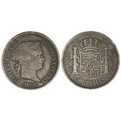 20 Reales. - 1858. - SEVILLA. - Pátina oscura. (Golpecitos). Cal-196. MBC+. - -
