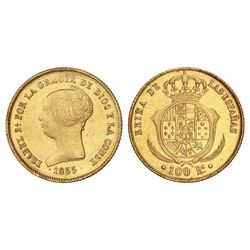 100 Reales. - 1855. - BARCELONA. - (Leve rayita en reverso). ESCASA. Cal-8. EBC-/EBC. - -
