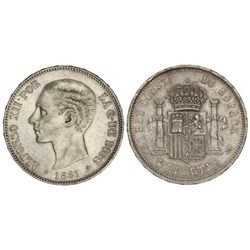 5 Pesetas. - 1881 (*18-81). - M.S.-M. - Pátina en reverso. (Pequeños golpecitos). MBC+. - -