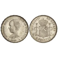 5 Pesetas. - 1889 (*18-89). - M.P.-M. - Pleno brillo original y bella pátina de monetario. (Leve ray