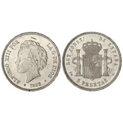 5 Pesetas. - 1893 (*18-93). - P.G.-L. - Brillo original. (Golpecitos en campo). EBC+. - -