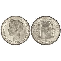 5 Pesetas. - 1896 (*18-96). - P.G.-V. - Brillo original. (Rayitas y golpecitos). EBC+. - -