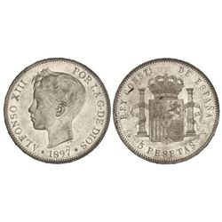 5 Pesetas. - 1897 (*18-97). - S.G.-V. - Brillo original. (Golpecitos y rayitas). EBC. - -