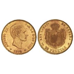 25 Pesetas. - 1878 (*18-78). - ALFONSO XII. - D.E.-M. - Platino dorado. Coincidente. (D.E.-M. en pla