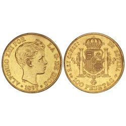 100 Pesetas. - 1897 (*18-97). - S.G.-V. - Variante fondo del pabellón de la oreja rayada. (Rayitas).