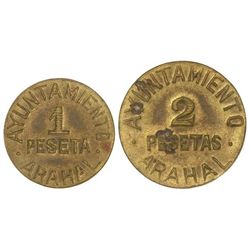 Lote 2 monedas 1 y 2  Pesetas. - S/F. - Ay. de ARAHAL (Sevilla). - Latón. (Manchitas). Vti-L44/L45.