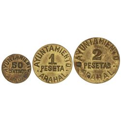 Serie 3 monedas 50 Céntimos, 1 y 2 Pesetas. - S/F. - Ay de ARAHAL. - Latón. (Pequeñas manchitas). Vt