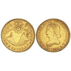 8 Escudos. - 1838. - QUITO. - S.T. - AU. En 2005 se subastó una pieza como esta de la Colección Elia