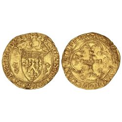 Ecu d´or neuf a la Couronne. - CARLOS VII (1422-1461). - LA ROCHELLE. - Anv.: KAROLVS:DEI:GRACIA:FR