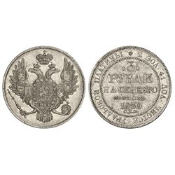 3 Rublos. - 1830-C -. NICOLÁS I. - SAN PETERSBURGO. - Platino. (Golpecitos en gráfila y rayitas). En
