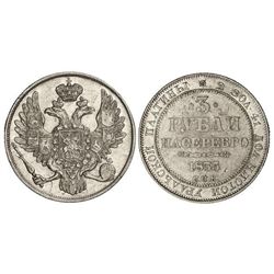 3 Rublos. - 1835-C -. NICOLÁS I. - SAN PETERSBURGO. - Platino. (Acuñación floja en reverso. Rayitas)