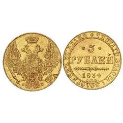 5 Rublos. - 1834-C -. NICOLÁS I. - SAN PETERSBURGO. - AU. (Hojita en anverso, rayitas y golpecitos).