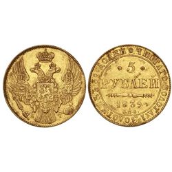 5 Rublos. - 1839-C -. NICOLÁS I. - SAN PETERSBURGO. - AU. (Pequeñas roturas de cuño). Ensayador: .