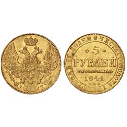 5 Rublos. - 1841-C -. SAN PETERSBURGO. - AU. (Golpes en reverso y canto. Rayitas). Ensayador: . C-1