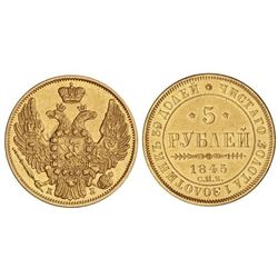 5 Rublos. - 1845-C -. NICOLÁS I. - SAN PETERSBURGO. - AU. (Rayitas). Ensayador: . C-175.1. EBC. - -