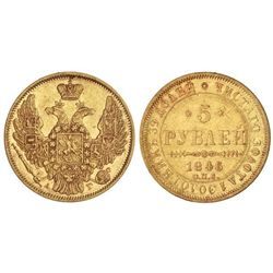 5 Rublos. - 1846-C -. NICOLÁS I. - SAN PETERSBURGO. - AU. Ensayador: -. C-175.3. EBC-/MBC. - -