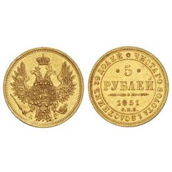 5 Rublos. - 1851-C -. NICOLÁS I. - SAN PETERSBURGO. - AU. (Restos de brillo original, ligeras rayita