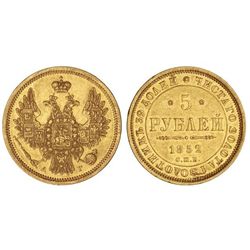 5 Rublos. - 1852-C -. NICOLÁS I. - SAN PETERSBURGO. - AU. (Pequeños golpecitos en canto). Ensayador: