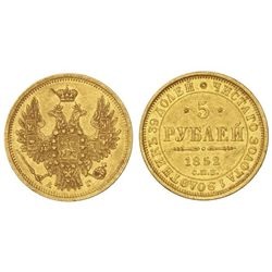 5 Rublos. - 1852-C -. NICOLÁS I. - SAN PETERSBURGO. - AU. Ensayador: . C-175.3. EBC. - -