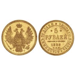 5 Rublos. - 1853-C -. NICOLÁS I. - SAN PETERSBURGO. - AU. (Leves rayitas). Ensayador: . C-175.3. EB