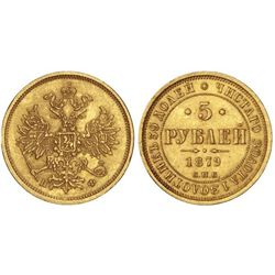 5 Rublos. - 1879-C -. ALEJANDRO II. - SAN PETERSBURGO. - AU. (Rayas). Ensayador: . Y-B26. EBC-/MBC+